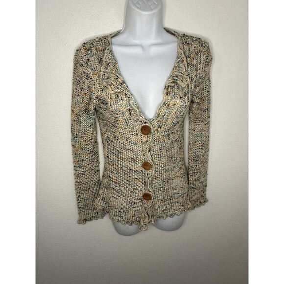 BCBG MAXAZRIA Womens Tan Confetti Big Button Cardigan Sweater S 90s Y2K - Picture 1 of 6